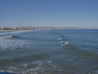 surfers are in the ocean waiting for waves to break on their stomachs as they head towards shore