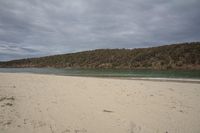 a white sandy beach with the sand covered in footprints and trees in the distance next to water