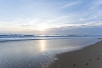 a picture of a beach in the morning, with footprints in the sand on the shore