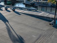 a person is standing on a pier with a camera near by and two birds are resting by