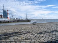 there are lots of stone bricks on this ground near the water and buildings in the distance