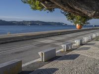 a man is throwing a ball into the air over the sidewalk near a river, on a sunny day