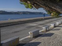 a man is throwing a ball into the air over the sidewalk near a river, on a sunny day