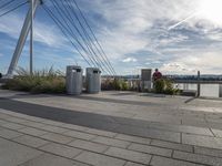 two trash bins on concrete with cityscape in background under a bridge and telephone lines