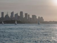 an ocean view of a skyline and skyscrapers at sunset in the background, including an airplane