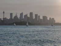 an ocean view of a skyline and skyscrapers at sunset in the background, including an airplane