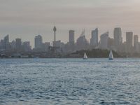 an ocean view of a skyline and skyscrapers at sunset in the background, including an airplane