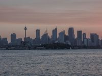 an ocean view of a skyline and skyscrapers at sunset in the background, including an airplane