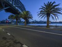 an empty street by the water and palm trees are near the bridge with the city in the background