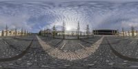 this is an image of a camera - fisheye photograph of the building and walkway