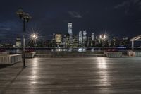 a view of new york city skyline at night from pier on the hudson river side