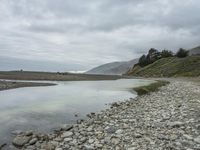 a rock shoreline with an overcast sky in the background and trees in the distance