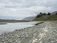 a rock shoreline with an overcast sky in the background and trees in the distance