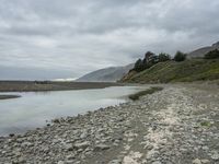 a rock shoreline with an overcast sky in the background and trees in the distance