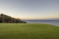 a man on a green putting golf green with the ocean in the background and some trees