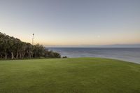 a man on a green putting golf green with the ocean in the background and some trees