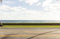 there is a man walking past the water as he walks in the grass beside the road