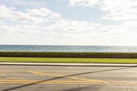 there is a man walking past the water as he walks in the grass beside the road