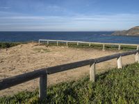 a fence near the ocean next to grass and beach rocks and water plants on the shore