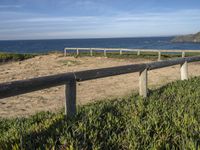 a fence near the ocean next to grass and beach rocks and water plants on the shore