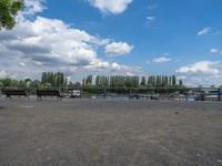 two horses are running near the fenced - in area near the water and a lake