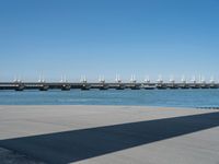 the shadow is cast on the asphalt near a large body of water and a bridge