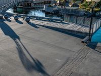 a bridge with several seagulls sitting on the walkway next to it and a body of water and mountains in the background