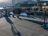 a bridge with several seagulls sitting on the walkway next to it and a body of water and mountains in the background