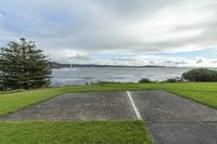 view of beach and grass from parking area, with driveway near water, pine trees, sky, and grassy land