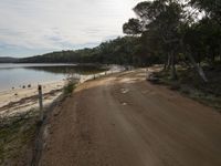 a gravel road runs along a beach with small boats in the water, and lots of trees