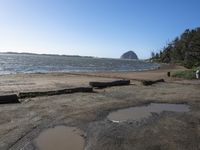 water puddles on the sand and a rocky coast in the distance, there's another body of water next to it