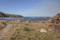 an open dirt path runs to the water near a grassy area near rocks and vegetation