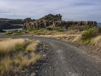 a dirt trail running past some rocks by the ocean and grass on the ground with a bike in front