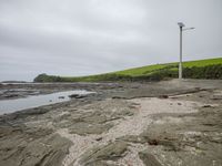 a street light sitting on the sand near a body of water on the shore in a grassy field