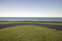 view of the ocean from a grassy area near an ocean front area with a curved path