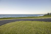 view of the ocean from a grassy area near an ocean front area with a curved path