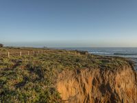 a grassy field by the shore and a cliff with rocks in the ocean in the background