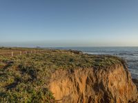 a grassy field by the shore and a cliff with rocks in the ocean in the background