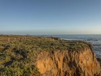 a grassy field by the shore and a cliff with rocks in the ocean in the background