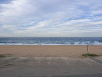 parking lot overlooking a sandy beach and ocean, with a few cars parked by the end of it