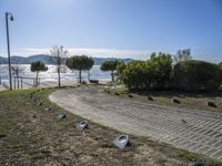 the walkway has been paved with brick pavers and birds all around it, and a beautiful ocean view