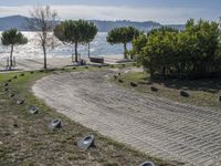 the walkway has been paved with brick pavers and birds all around it, and a beautiful ocean view