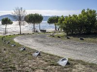 the walkway has been paved with brick pavers and birds all around it, and a beautiful ocean view