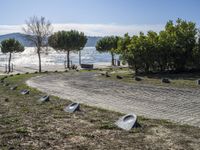 the walkway has been paved with brick pavers and birds all around it, and a beautiful ocean view