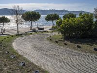 the walkway has been paved with brick pavers and birds all around it, and a beautiful ocean view