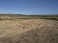 a dirt field with dirt on the ground with a fence and a horse standing in front of it