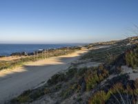 a dirt road by a body of water near a beach with a bench on the side