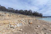 the rocks are along a shoreline to the side of the water and trees in the distance