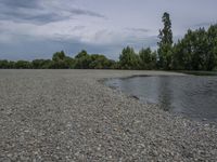 an expanse of gravel is shown in this image, with trees on the right bank