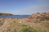 a dirt path leading to a secluded beach, and to the water on the far side